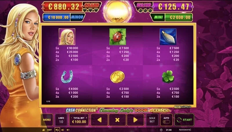 Cash Connection - Charming Lady's Boom Coins - Boom Spins mini-game on extended grid